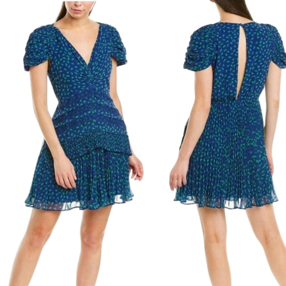 Self-Portrait Blue Green Polka Dot Printed Chiffon Tiered Mini Dress, Size 6